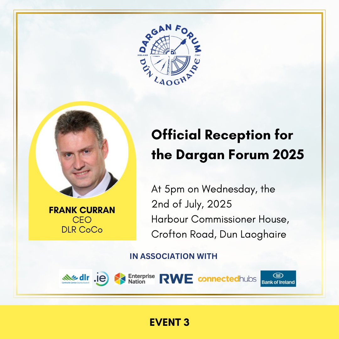 Dargan Institute clg, Dún Laoghaire (@darganinstitute) on Twitter photo Delighted to welcome Frank Curran, Chief Executive of <a href="/dlrcc/">Dún Laoghaire-Rathdown County Council</a>, to the #DarganForum official reception on July 2nd.
A key force behind local innovation, his presence highlights our commitment to regional leadership & future-focused collaboration.
🔗 darganinstitute.ie/dargan-forum-2… Delighted to welcome Frank Curran, Chief Executive of <a href="/dlrcc/">Dún Laoghaire-Rathdown County Council</a>, to the #DarganForum official reception on July 2nd.
A key force behind local innovation, his presence highlights our commitment to regional leadership & future-focused collaboration.
🔗 darganinstitute.ie/dargan-forum-2…