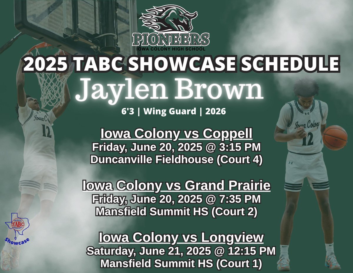 🔥 It’s TABC Showcase Time!🔥

I am headed to Dallas, TX for the TABC Showcase June 20–21! 🏀

Come by and check me out, hope to see you there! 

📍 Location: Duncanville Fieldhouse and Mansfield Summit HS

#TABCShowcase #TexasHoops  <a href="/ICHS_Hoops/">Iowa Colony Boys Basketball</a> <a href="/tim_ford11/">Tim Ford</a>