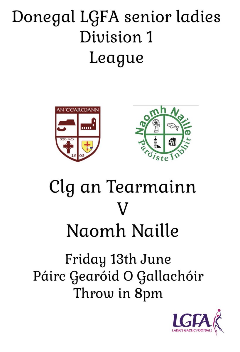 CLG An Tearmainn (@clgantearmainn) on Twitter photo Our senior ladies are in division 1 league action tonight away to <a href="/ClgNaomhNaille/">CLG Naomh Náille</a> in the <a href="/DonegalLGFA/">Donegal LGFA</a> senior ladies league Our senior ladies are in division 1 league action tonight away to <a href="/ClgNaomhNaille/">CLG Naomh Náille</a> in the <a href="/DonegalLGFA/">Donegal LGFA</a> senior ladies league