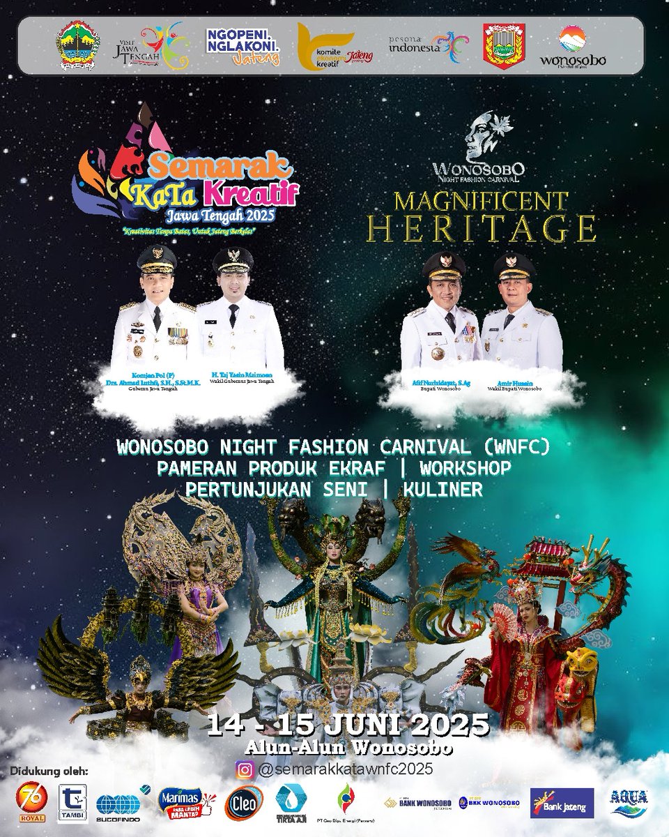 pariwisatawsb's tweet photo. Yuk Meriahkan Semarak KaTa Kreatif X Wonosobo Night Fashion Carnival 2025!

📍Alun-alun Wonosobo
🗓️ 14 - 15 Juni 2025

#wnfc2025 #wonosobonightfashioncarnival #yukkewonosoboaja #semarakkatakreatif2025 #banggaberwisatadijateng #dijatengaja https://t.co/DWXpvCGTQX