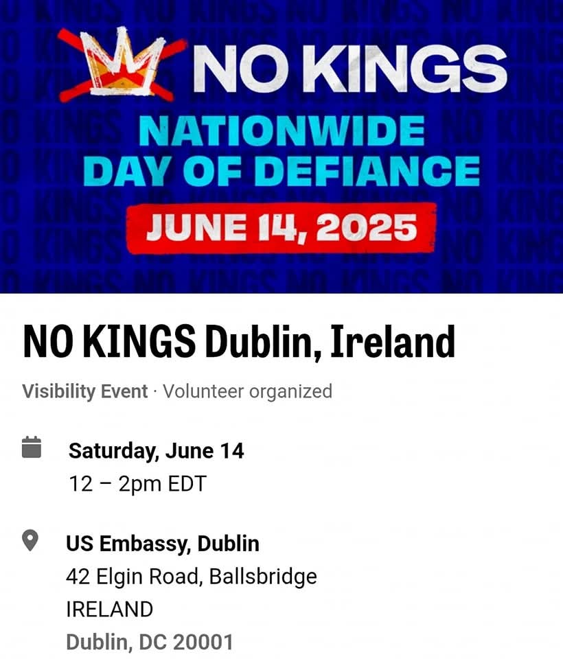 No Kings, No Tyrants! Global Day of Defiance. 💪  Find the Dublin event sponsored by our friends at Indivisible:
mobilize.us/nokings/event/…  
#resistance 

June 14, 12pm, US Embassy, Dublin.
Courage is contagious! Join us!

#NoTyrantsDay
#ForDemocracy
#DemocratsAbroad 
#DemsAbroad