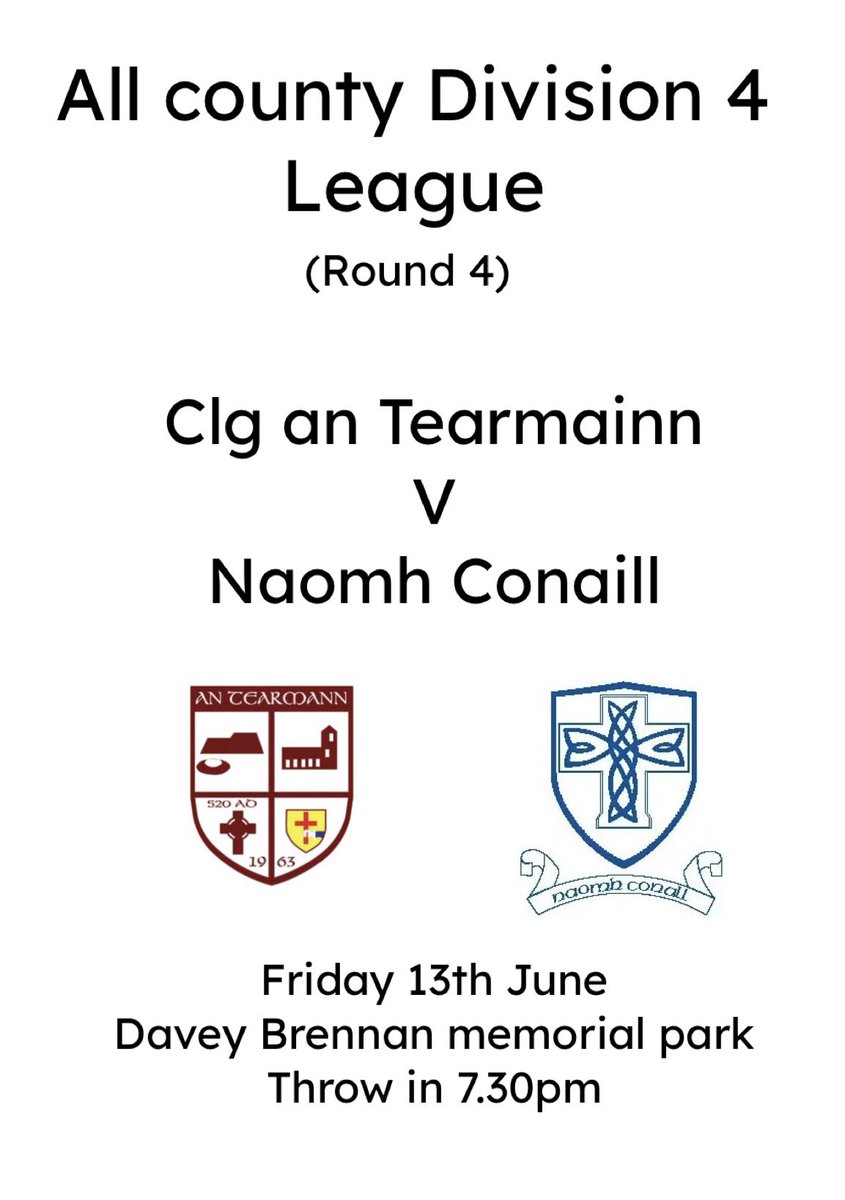 CLG An Tearmainn (@clgantearmainn) on Twitter photo Our thirds team are in action away to <a href="/NaomhConaillGAA/">Naomh Conaill GAA</a> this evening at 7.30pm.
All support welcome 🇶🇦 Our thirds team are in action away to <a href="/NaomhConaillGAA/">Naomh Conaill GAA</a> this evening at 7.30pm.
All support welcome 🇶🇦