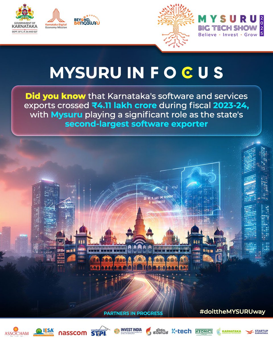 karnatakadem's tweet image. Mysuru is already a tech force with global software exports, a thriving innovation ecosystem, and future-ready talent.
Join us at the Mysuru Big Tech Show 2025 — where vision meets action, done the MYSURU way.
4 July | Infosys Campus, Mysuru
#MysuruBigTechShow2025 #DoItTheMYSURU