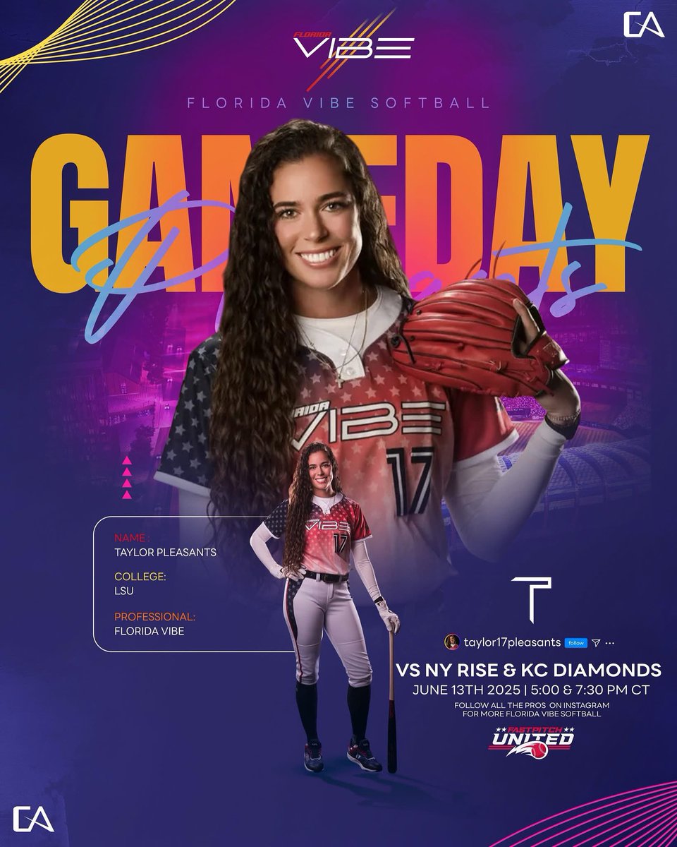 Four One Sports (@fouronesports) on Twitter photo GAMEDAY
The Vibe are back in action in KC for a double dip of Softball!
Game 1
vs KC Diamonds <a href="/5/">Reserved</a>:00PM CT
Game 2
vs New York Rise @7:30PM CT
<a href="/CoachDot_LU/">Dot Richardson</a> <a href="/floridavibesb/">Florida Vibe</a> <a href="/fastpitchunite/">Fastpitch United</a> <a href="/CaylanA_Elliott/">Caylan Arnold Elliott</a> GAMEDAY
The Vibe are back in action in KC for a double dip of Softball!
Game 1
vs KC Diamonds <a href="/5/">Reserved</a>:00PM CT
Game 2
vs New York Rise @7:30PM CT
<a href="/CoachDot_LU/">Dot Richardson</a> <a href="/floridavibesb/">Florida Vibe</a> <a href="/fastpitchunite/">Fastpitch United</a> <a href="/CaylanA_Elliott/">Caylan Arnold Elliott</a>