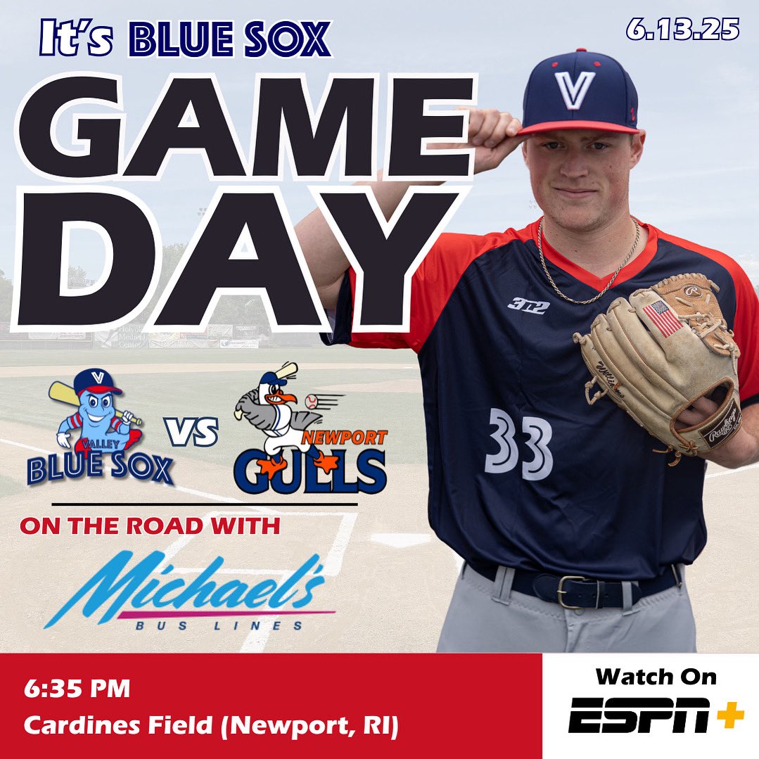 ITS BLUE SOX GAMEDAY! We’re taking a trip to Newport tonight for another round with the Gulls at Cardines Field!
-
🆚 @newportgulls 
⏰ 6:35 PM
📍 Cardines Field (Newport, RI)
📺 ESPN+
-
#roadtrip #necbl #gobluesox