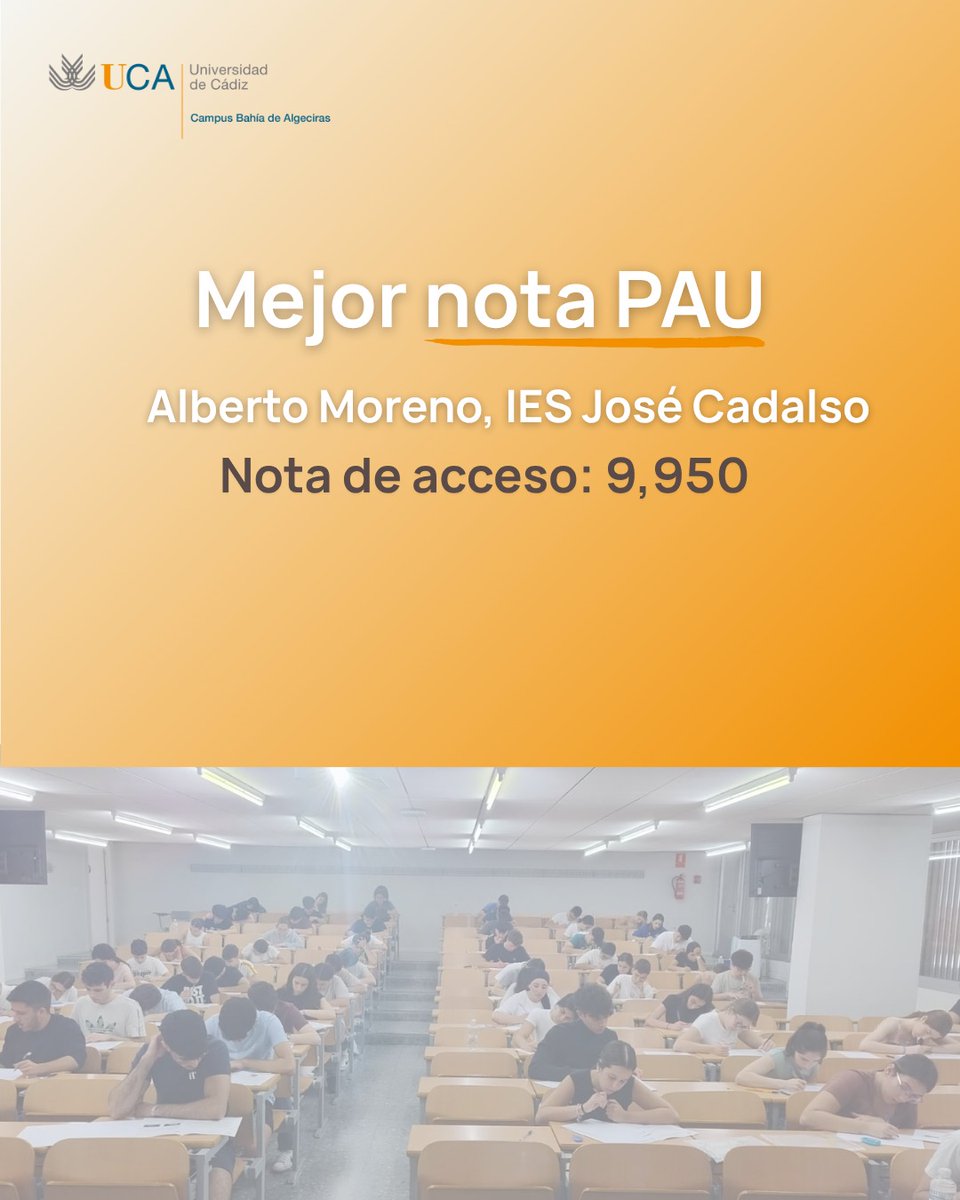 👏 ¡Enhorabuena a Alberto Moreno Casuso, del IES José Cadalso de San Roque!
Con una nota de acceso de 9,950, ha logrado la calificación más alta de esta convocatoria. Un mérito increíble que marca un camino brillante hacia la universidad.