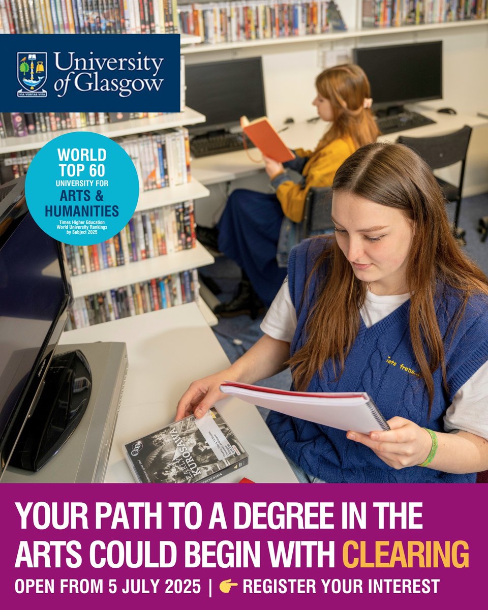 Clearing for 2025 entry opens in 3 weeks, and with it, a chance to join one of the world’s leading Arts &amp; Humanities communities. 🌍💡💭

👉 Register your interest today: gla.ac.uk/study/clearing/