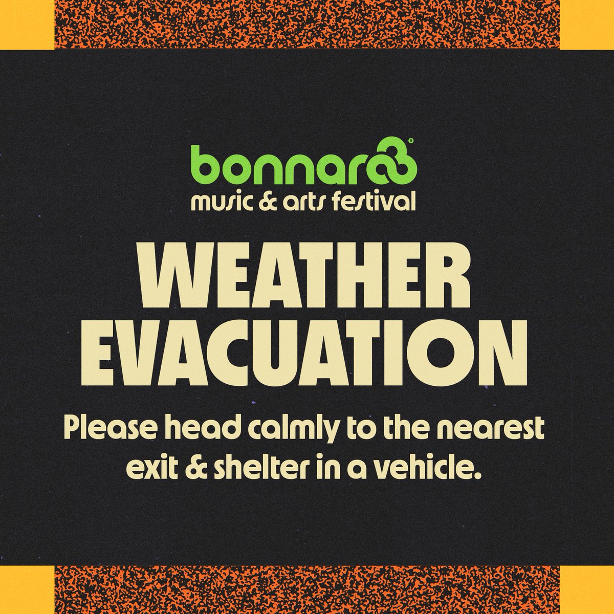 Bonnaroo's tweet image. Severe weather is approaching. Please exit Centeroo immediately and shelter in a vehicle. No vehicle? Find a friend.