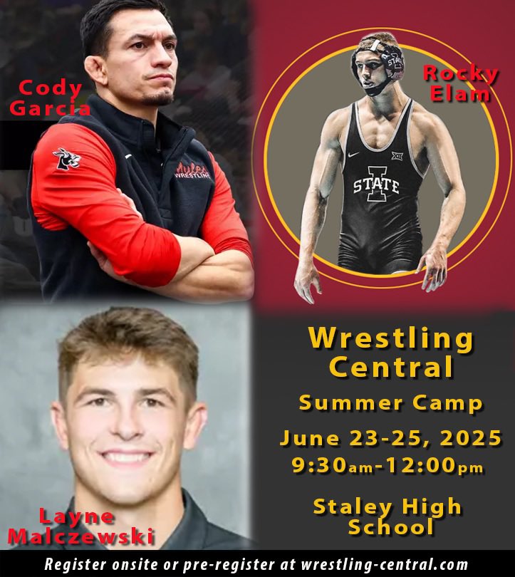 Wrestling Central Technique, Team &amp; Youth Camp will be Monday, 06/23-Wednesday, 06/25, 9:30am-12:00pm at Staley HS Wrestling room.  You can pre-register at wrestling-central.com or sign up on Monday, 06/23, 9:15-9:25am.