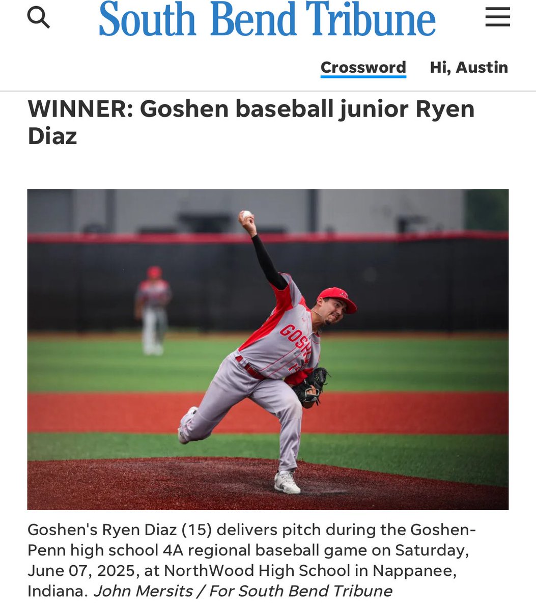 Austin Hough (@austinrhough) on Twitter photo Congrats to <a href="/baseball_goshen/">GHS Baseball</a> junior Ryen Diaz for winning this week's <a href="/SBTsports/">South Bend Tribune Sports</a> Athlete of the Week vote! More here: southbendtribune.com/story/sports/hβ¦ Congrats to <a href="/baseball_goshen/">GHS Baseball</a> junior Ryen Diaz for winning this week's <a href="/SBTsports/">South Bend Tribune Sports</a> Athlete of the Week vote! More here: southbendtribune.com/story/sports/hβ¦