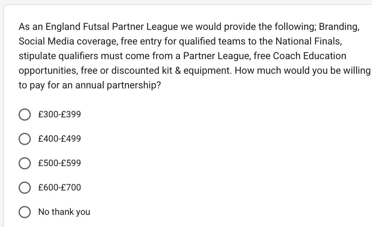 Mark Pacitti (@mcpacitti) on Twitter photo <a href="/EnglandFutsal/">England Futsal</a> <a href="/westyorksfutsal/">West Yorkshire Futsal Club</a> <a href="/MFC_Futsal/">Manchester Futsal Club</a> <a href="/BloomsburyFTSL/">Bloomsbury Futsal</a> <a href="/SotonAztecs/">Southampton Aztecs</a> <a href="/WessexFutsal/">Wessex Futsal Club</a> <a href="/ERFutsalClub/">East Riding Futsal Club</a> <a href="/hartpuryfutsal/">Hartpury Futsal Club</a> <a href="/MUFC_Futsal/">Maidenhead United Futsal</a> <a href="/derby_futsal/">Derby Futsal Club</a> <a href="/BFC_futsalclub/">Bolton Futsal Club</a> It might help grow the game faster if <a href="/FA/">The FA</a> or <a href="/EnglandFutsal/">England Futsal</a> paid clubs and volunteers to run feeder leagues rather than charging them ? <a href="/EnglandFutsal/">England Futsal</a> <a href="/westyorksfutsal/">West Yorkshire Futsal Club</a> <a href="/MFC_Futsal/">Manchester Futsal Club</a> <a href="/BloomsburyFTSL/">Bloomsbury Futsal</a> <a href="/SotonAztecs/">Southampton Aztecs</a> <a href="/WessexFutsal/">Wessex Futsal Club</a> <a href="/ERFutsalClub/">East Riding Futsal Club</a> <a href="/hartpuryfutsal/">Hartpury Futsal Club</a> <a href="/MUFC_Futsal/">Maidenhead United Futsal</a> <a href="/derby_futsal/">Derby Futsal Club</a> <a href="/BFC_futsalclub/">Bolton Futsal Club</a> It might help grow the game faster if <a href="/FA/">The FA</a> or <a href="/EnglandFutsal/">England Futsal</a> paid clubs and volunteers to run feeder leagues rather than charging them ?