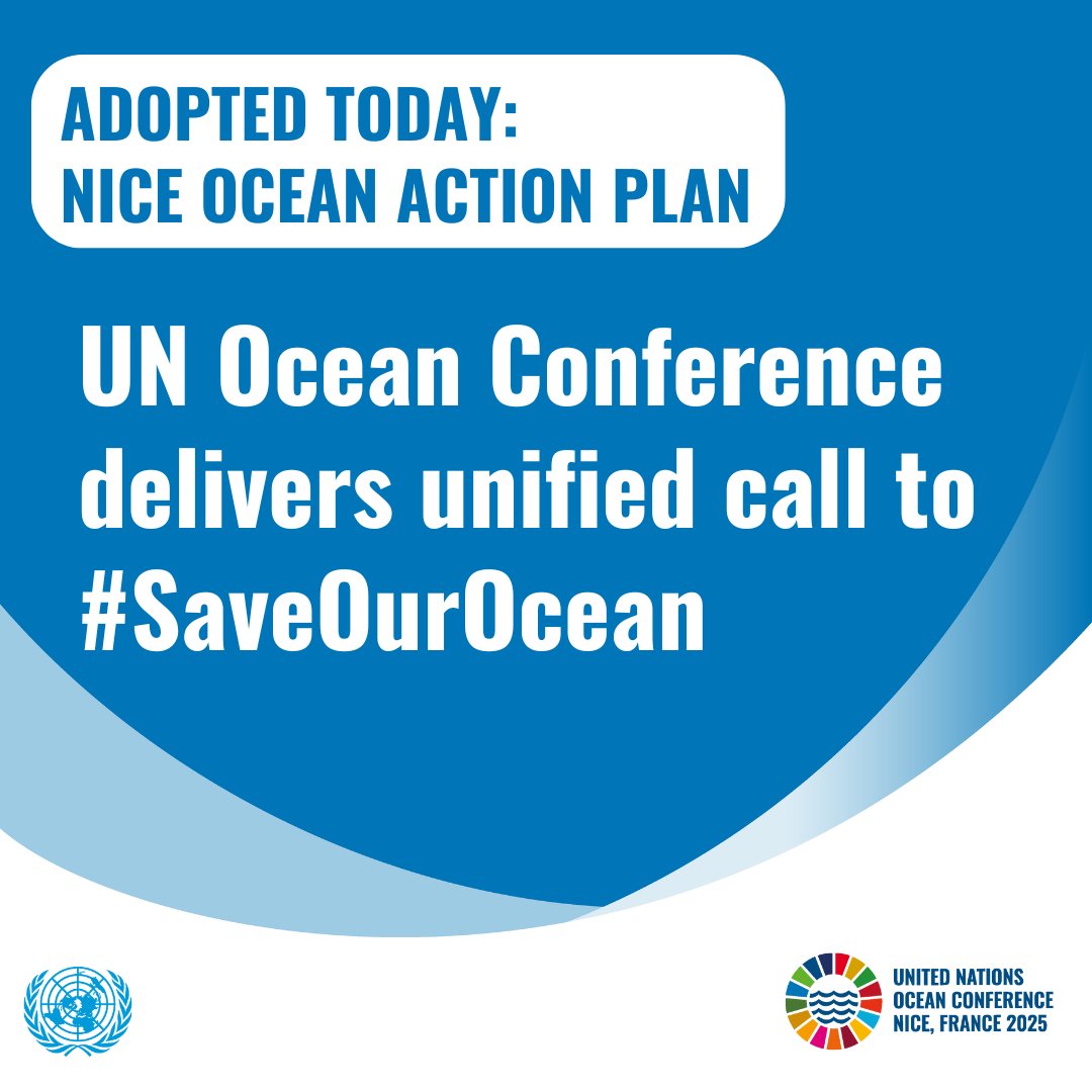 The adoption of the Nice Ocean Action Plan brings the world together to #SaveOurOcean!
✅ Expand marine protected areas
✅ Decarbonize maritime transport
✅ Combat marine pollution
✅ Mobilize finance for vulnerable islands
Read the full press release: un.org/sustainabledev…