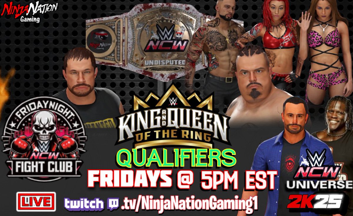 Tonight we have 4 KING &amp; QUEEN of the ring qualifying matches &amp; 3 BRAND NEW SUPERSTARS JOIN THE MAIN ROSTER!!!
Its time for NCW's "Friday Night Fight Club" on WWE 2k25!!!!
Come vibe &amp; join in the fun LIVE right now as we warm up to SMACKDOWN TONIGHT! 
🔴👉twitch.tv/ninjanationgam…