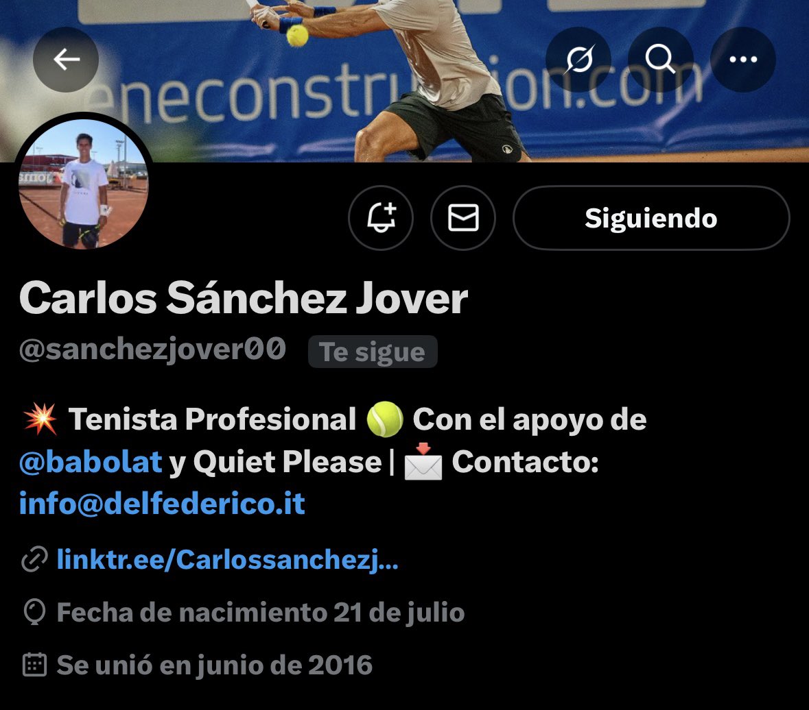 NO
Muchísimas gracias don Carlos🫡
Un honor que el tenista al cual le dedico la cuenta me siga.
Espero que sientas el calor de esta cuenta y te ayude en los partidos.
Un abrazo 🫂 <a href="/sanchezjover00/">Carlos Sánchez Jover</a> 
A por todas Caudillo🎾