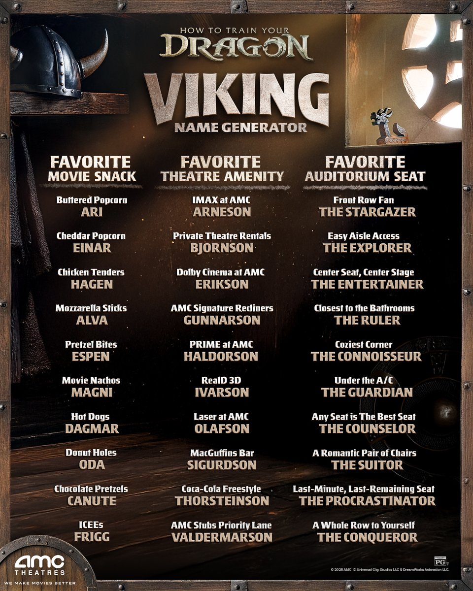🔥 Brave warriors are forged in fire... and comfy seats. 🔥 Find out your Viking name, today!
Get 🎟 for #HTTYD, now playing at #AMCTheatres! amc.film/4mxojnD