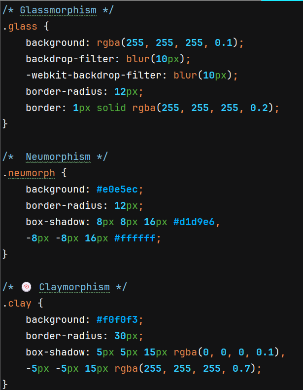 TechBytesX1's tweet photo. 🎨 3 web design effects worth trying:

Glassmorphism – frosty blur, clean af
Neumorphism – soft 3D, kinda pillowy
Claymorphism – chunky, playful vibes
A few lines of CSS = full-on aesthetic.
Save &amp; style smarter!
 #WebDev  #WebDesign #buildinpublic https://t.co/v7uns54tZx