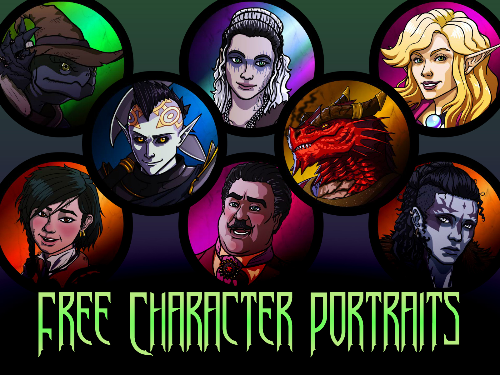 Eight tokens are displayed depicting past player characters