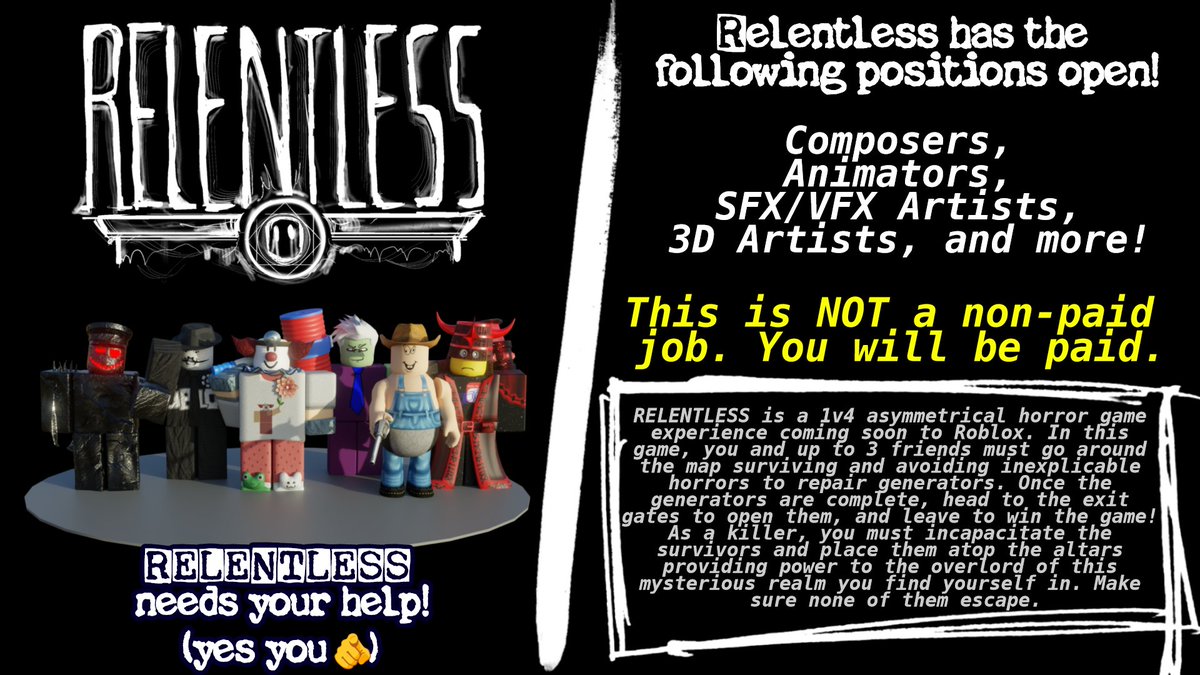 RelentlessEra's tweet image. RELENTLESS is seeking for more developers! Work will be paid for!
Mostly looking for Composers and Animators, but if you are good at anything dev related, dm us!
DM @dreyci or @carterpoolx on discord if you would like to apply! (same names on discord)