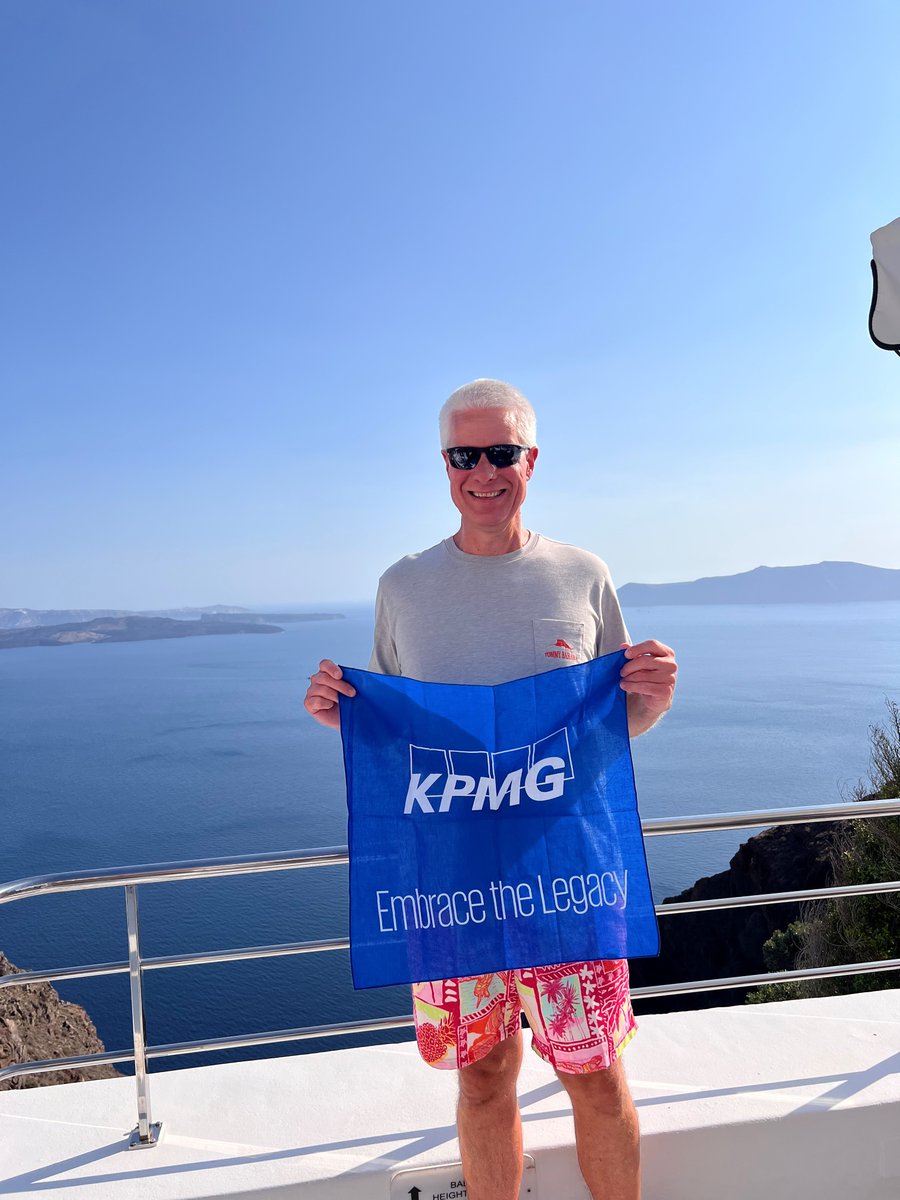 KPMGUSAlumni's tweet photo. Retired partner Jeff Bierman and his wife Tracey Embraced the Legacy on a recent cruise – making stops in Albania, Greece and Croatia! #OnceKPMGAlwaysKPMG #LegacyFlagFriday 🚢☀️ https://t.co/zfS780rGEG