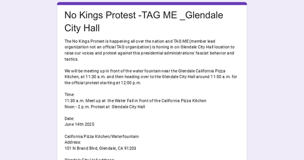 AWorkersIgnited's tweet image. The #Nokingsprotest is happening all over the nation and TAG ME (member
lead organization not an official TAG organization) is joining in at Glendale City Hall. Details and RSVP in the link. Bring a buddy and your best anti-fascism sign and join in!
tinyurl.com/TAGMENOKINGS