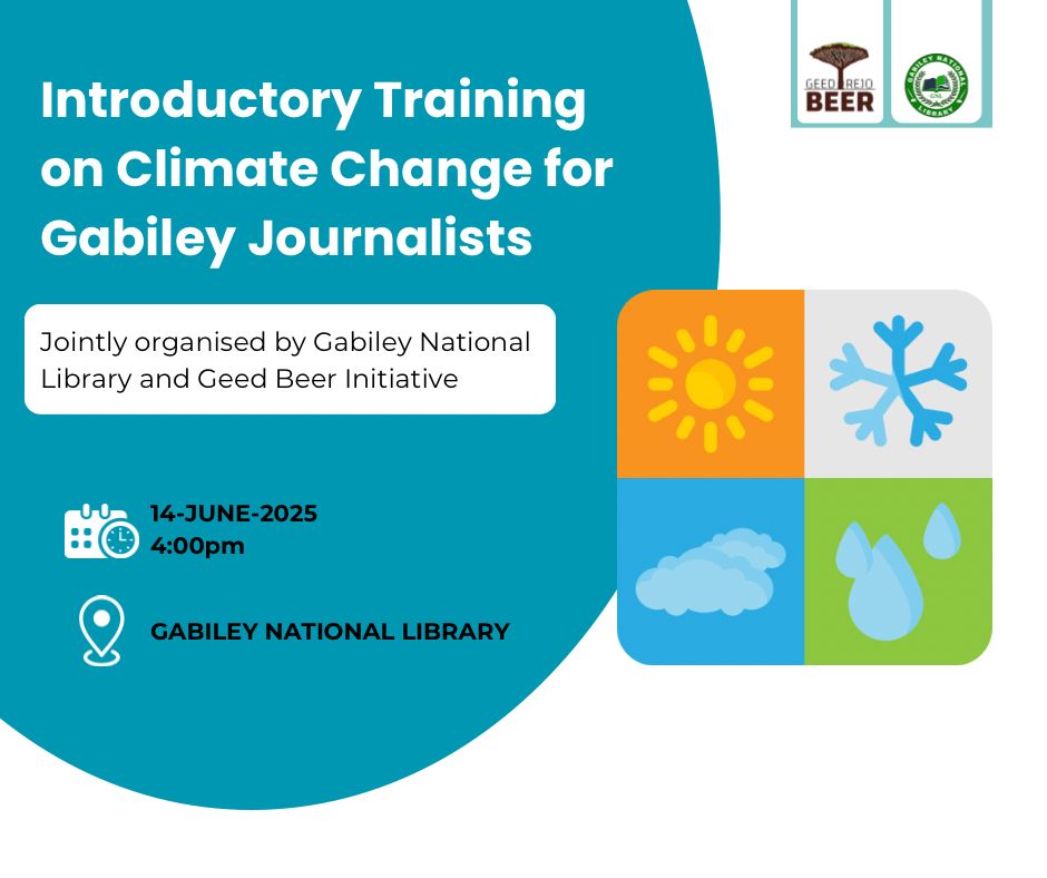 The <a href="/GeedBeer/">GeedBeer-RejoBeer</a> initiative, in collaboration with the <a href="/GabileyL/">Gabiley National Library</a>, will jointly organize a training session for #Gabiley media professionals titled: "Introductory Training on Climate Change for Gabiley Journalists."

#GeedBeer
#ClimateAction