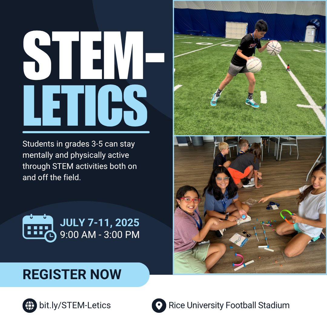 R-STEM (@riceu_stem) on Twitter photo Register for the final week of STEM-Letics —held right on <a href="/RiceUniversity/">Rice University</a>'s campus!
Week C: Engineering Design | July 7th-11th
🔗 Learn more & register now: bit.ly/STEM-Letics Register for the final week of STEM-Letics —held right on <a href="/RiceUniversity/">Rice University</a>'s campus!
Week C: Engineering Design | July 7th-11th
🔗 Learn more & register now: bit.ly/STEM-Letics