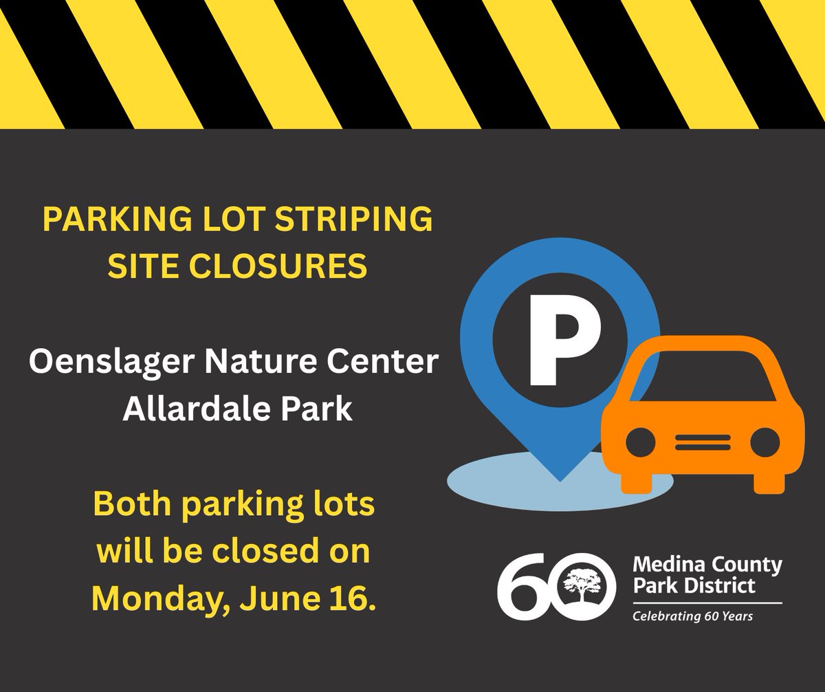 Please be aware that the parking lots at Oenslager Nature Center and Allardale Park will be closed on Monday, June 16 for striping following recent resurfacing. We appreciate your patience and cooperation as we complete these projects. #medinacountyparks