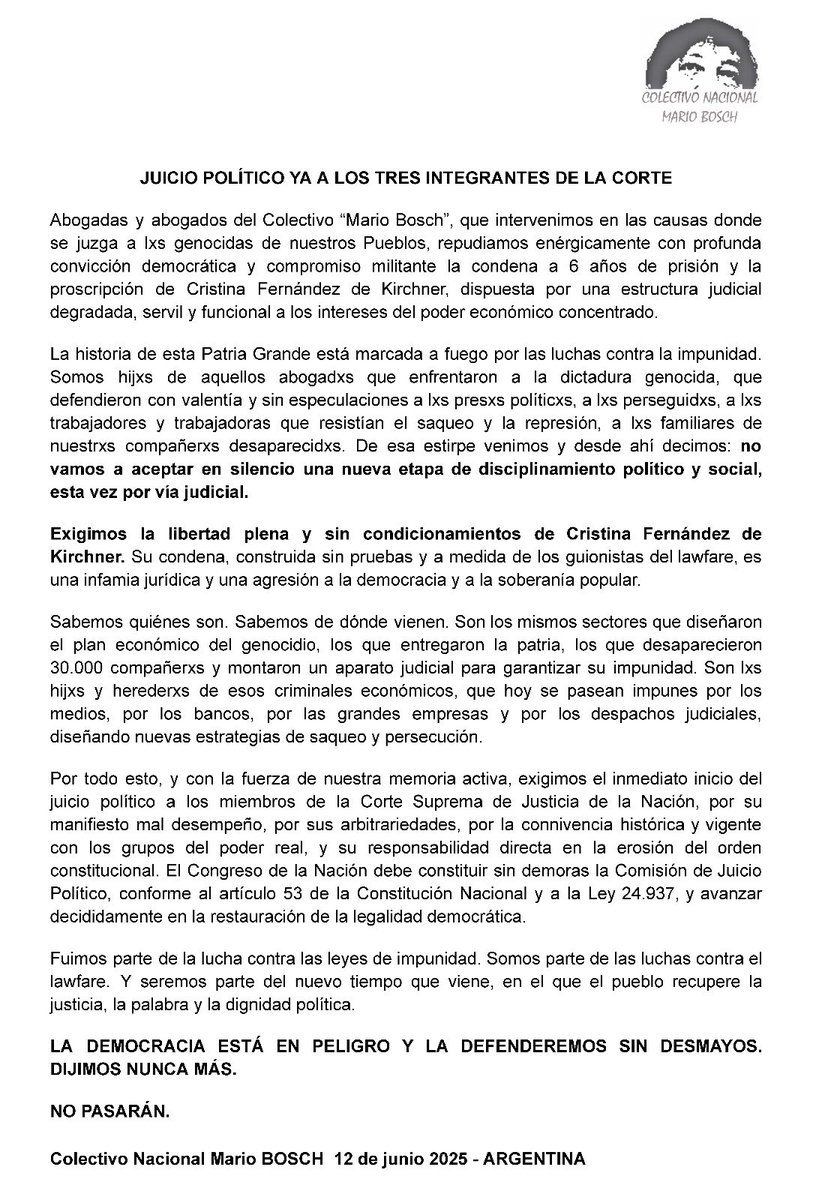 ⭕️ | ÚLTIMO MOMENTO: Tras la proscripción a Cristina Kirchner, LOS ABOGADOS DE CAUSAS DE LESA HUMANIDAD PIDEN JUICIO POLÍTICO A LOS INTEGRANTES DE LA CORTE SUPREMA.

‼️ A pesar de la difamación mediática, EL ARCO DEMOCRÁTICO REPUDIA EL FALLO CONTRA LA EXPRESIDENTA.