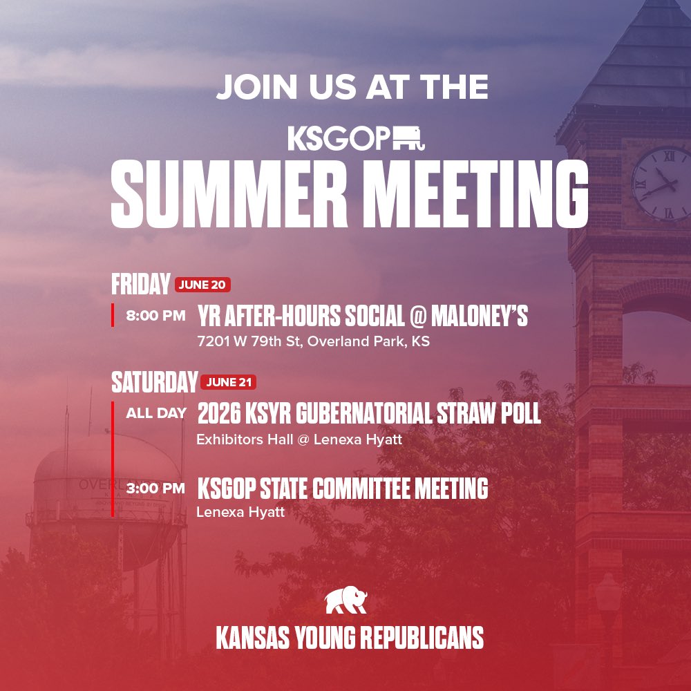 KansasYRs's tweet image. Mark your calendars!
Join us June 20–21 for the KSGOP Summer Meeting in Johnson County!
🗓️ Friday: YR After-Hours Social
🗳️ Saturday: KSYR 2026 Gubernatorial Straw Poll
📍 State Committee Meeting