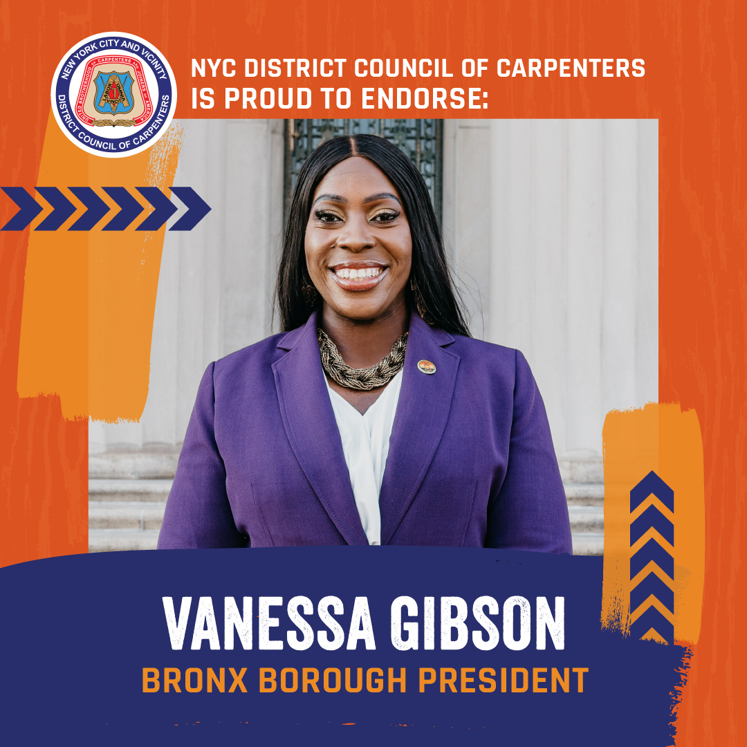 CarpentersNyc's tweet photo. We're proud to endorse Vanessa Gibson for re-election as Bronx Borough President!
 
Vanessa has always stood with working families, fighting for fair wages, good union jobs, &amp; real investments in Bronx communities. We’re with Vanessa because she’s with us.

VOTE on June 24th! https://t.co/h6fL1OaRY2