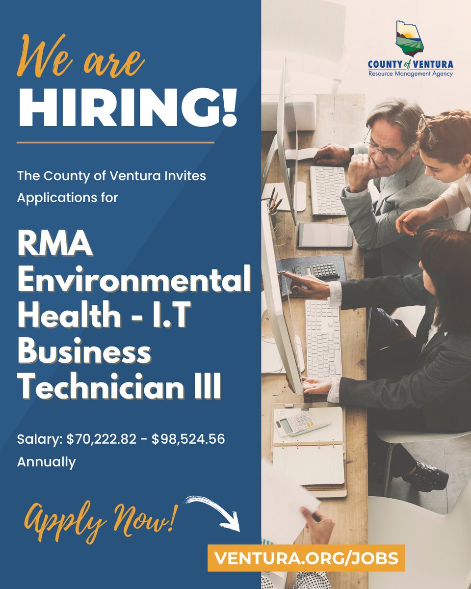 CoVenturaJobs's tweet photo. Now Hiring: RMA Environmental Health - I.T Business Technician III

Salary: $70,222.82 - $98,524.56 Annually

Do not miss out - apply now!

VISIT: https://t.co/oHsmyatej3 https://t.co/lv4bZjY0Lq
