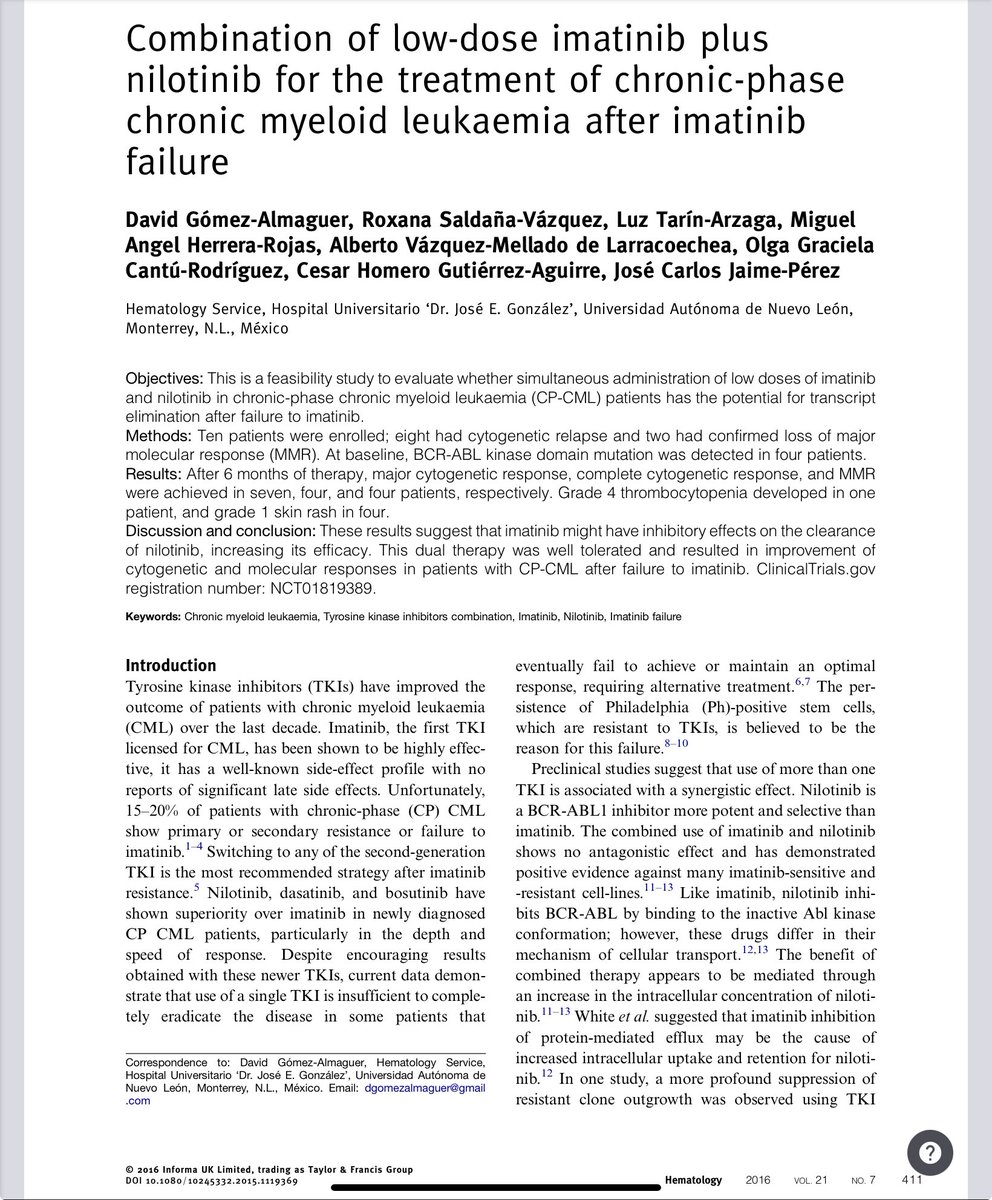 Nine years ago, we showed this pioneering study from Monterrey explored low-dose imatinib + nilotinib in CP-CML patients after imatinib failure. Dual therapy showed promising results. Nowadays TKIs combinations are an exciting hot topic.