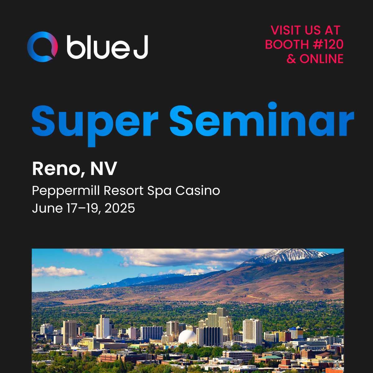 BlueJLegal's tweet image. Heading to Super Seminar 2025? We'd love to connect with you there!
June 17–19 | Peppermill Resort, Reno, NV | Booth #120
If you're attending, be sure to stop by booth #120 to discover how you can transform your tax research with Blue J.
#SuperS25 #AmericasTaxExperts #TaxTech