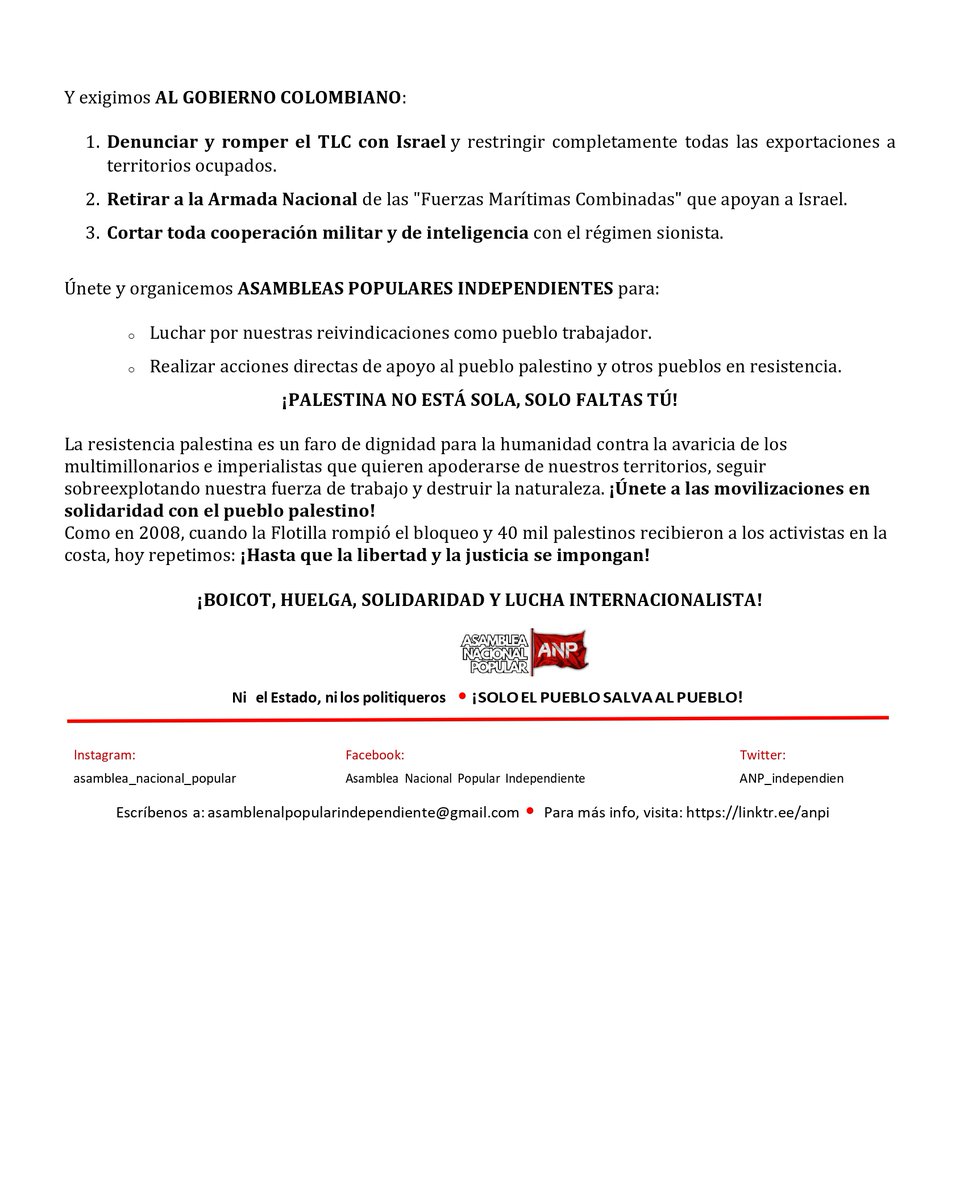 Comunicado de la Asamblea Nacional Popular Independiente al respecto de la Marcha Global Por Gaza.