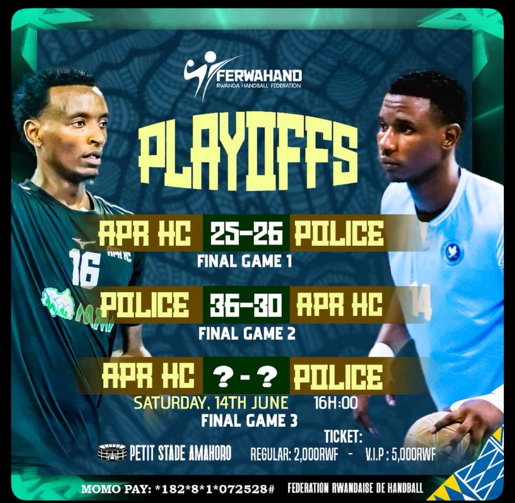 Kwizigira J Claude (@kwizigira) on Twitter photo Saturday Plot, ni ukwirebera Game 3 ya Playoffs hagati ya APR na Police
Ese Police izatsinda umukino yegukane igikombe? Cg APR izatsinda umukino wayo 1 hategerezwe Game 4?
Ejo muzaboneke turyoherwe n’umukino <a href="/FerwahandRwanda/">Rwanda Handball Federation</a> Saturday Plot, ni ukwirebera Game 3 ya Playoffs hagati ya APR na Police
Ese Police izatsinda umukino yegukane igikombe? Cg APR izatsinda umukino wayo 1 hategerezwe Game 4?
Ejo muzaboneke turyoherwe n’umukino <a href="/FerwahandRwanda/">Rwanda Handball Federation</a>