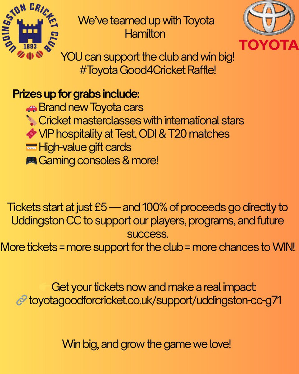We’ve teamed up with Toyota Hamilton! YOU can support the club and win big!
Here is the link: toyotagoodforcricket.co.uk/support/udding…