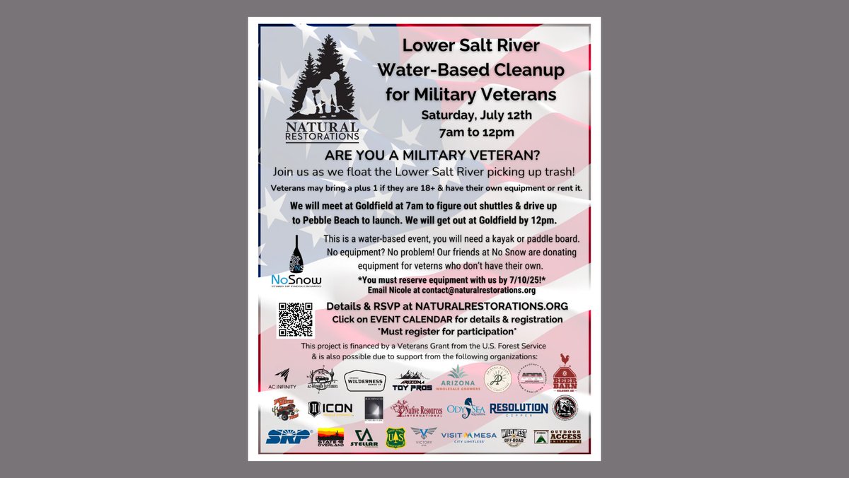 Are you a military veteran? Join us 7/12 for a Lower Salt River Water-based Cleanup for Military Vets! No equipment? No problem! Use the link below to learn more, reserve equipment if you don't have any, &amp; register for participation: eventbrite.com/e/141268481129…