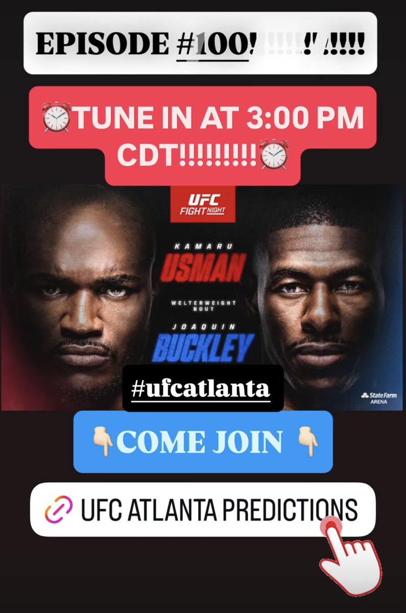 SDAWGSMMATALK (@sdawgsmmatalk) on Twitter photo LFG PEOPLE!!!!!!!💯🔥
TUNE IN @ 3PM CDT!!!!!! TODAY!!!!⏰
LIVE EPISODE #100!!!!!!!!!!🔥💯
UFC ATLANTA PREDICTIONS WITH <a href="/CrossoverMMA/">Crossover MMA</a> <a href="/TFWS_Official/">Fight Week Show</a> <a href="/McDainMMA/">Jordain 🏴</a> <a href="/MMAnomaly/">Olin aka MMAnomaly👊</a> <a href="/headkickpod/">Kick Em In The Head MMA</a> <a href="/walk_mma/">Making the Walk MMA</a>
👇🏻COME JOIN LIVE👇🏻
youtube.com/live/7zS1IZXwo…
#UFCAtlanta LFG PEOPLE!!!!!!!💯🔥
TUNE IN @ 3PM CDT!!!!!! TODAY!!!!⏰
LIVE EPISODE #100!!!!!!!!!!🔥💯
UFC ATLANTA PREDICTIONS WITH <a href="/CrossoverMMA/">Crossover MMA</a> <a href="/TFWS_Official/">Fight Week Show</a> <a href="/McDainMMA/">Jordain 🏴</a> <a href="/MMAnomaly/">Olin aka MMAnomaly👊</a> <a href="/headkickpod/">Kick Em In The Head MMA</a> <a href="/walk_mma/">Making the Walk MMA</a>
👇🏻COME JOIN LIVE👇🏻
youtube.com/live/7zS1IZXwo…
#UFCAtlanta