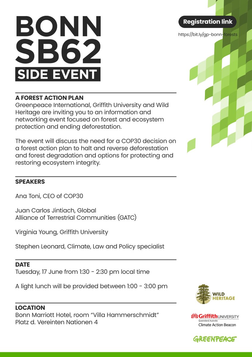 #SB62 Side Event Advisory: Greenpeace expectations on COP29 outcome

📅: Tuesday, 17 June 2025
⏰: 13:30-15:00 CEST
📍: Bonn Marriott Hotel

RSVP here >> bit.ly/gp-bonn-forests