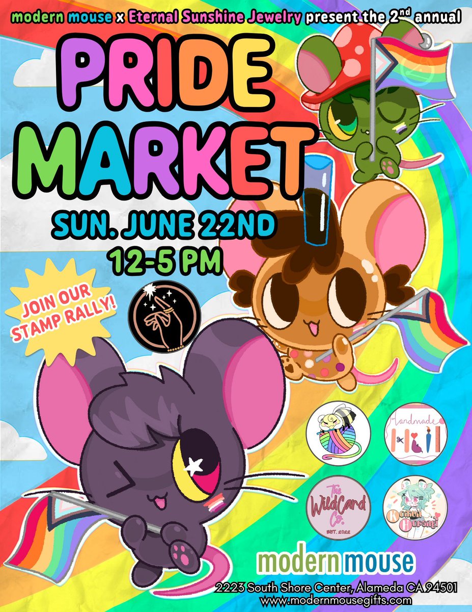 Hey gay Mouse Fans, it's time for the 2nd Annual Pride Market at Modern Mouse, brought to you in part by @eternalsunshine_jewelry! Join us for another Sunday Market on June 22nd from 12:00 to 5:00pm. 🌈 

#pridemonth #artists #modernmouselives