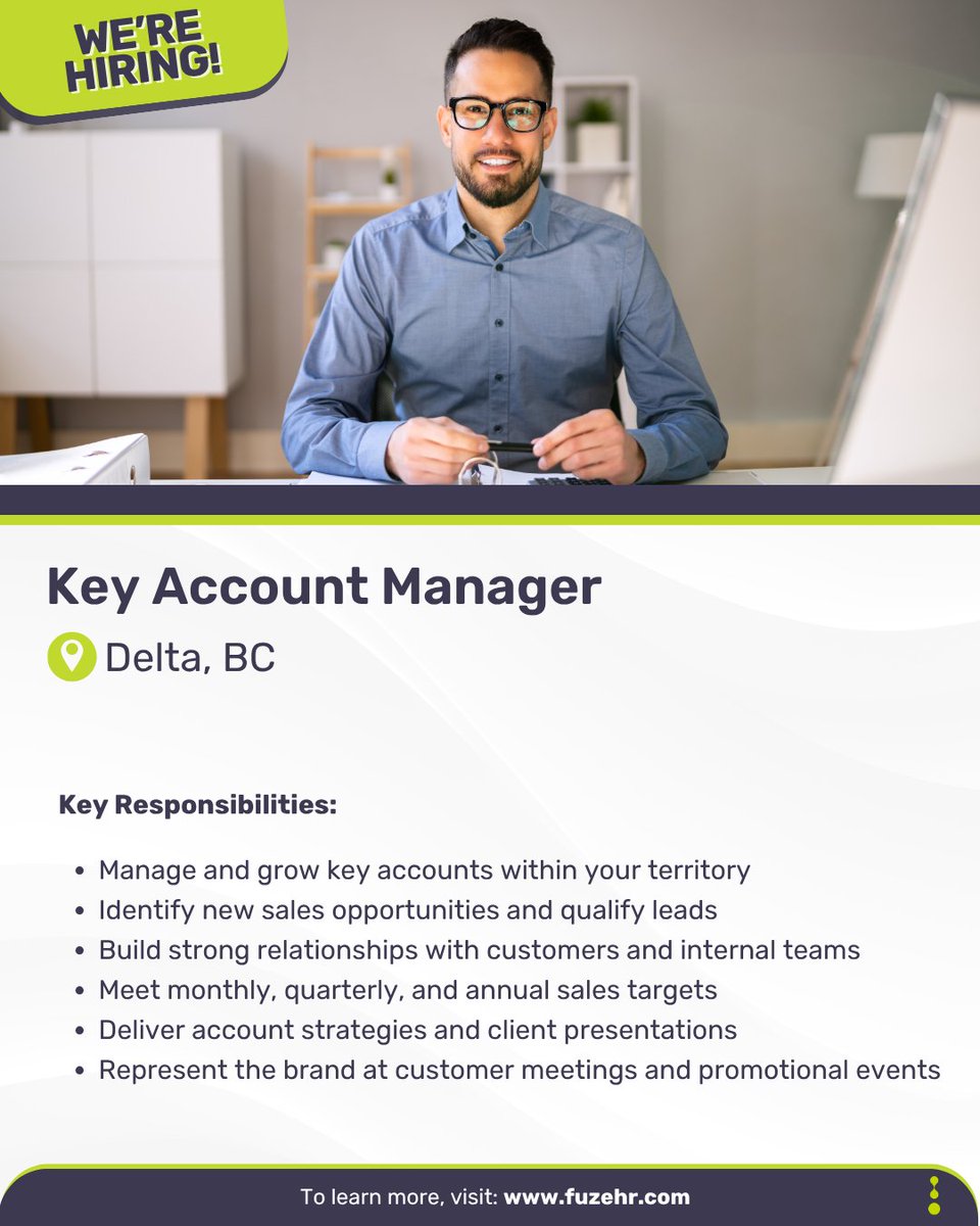FuzeHR's tweet image. Now Hiring: Key Account Manager – Delta, BC (Food Manufacturing | Hybrid)

Apply now:
ow.ly/ur6j50W7ltv

#KeyAccountManager #SalesJobs #FoodManufacturing #DeltaBC #RetailSales #FuzeHR #CareerOpportunity