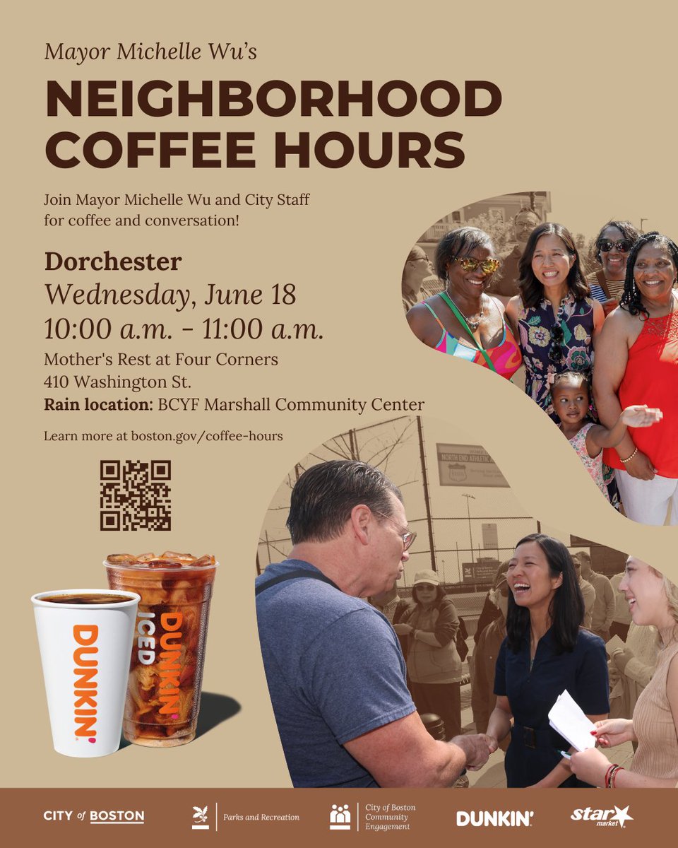 AgeStrongBos's tweet image. Hey Fenway/Kenmore and Hyde Park older residents! Mayor Wu&apos;s Coffee Hours will be held on June 11 and June 12 respectively in your neighborhoods. There will be free donuts and fruit from our sponsors Dunkin’ and Star Market. Visit boston.gov/coffee-hours to learn more.