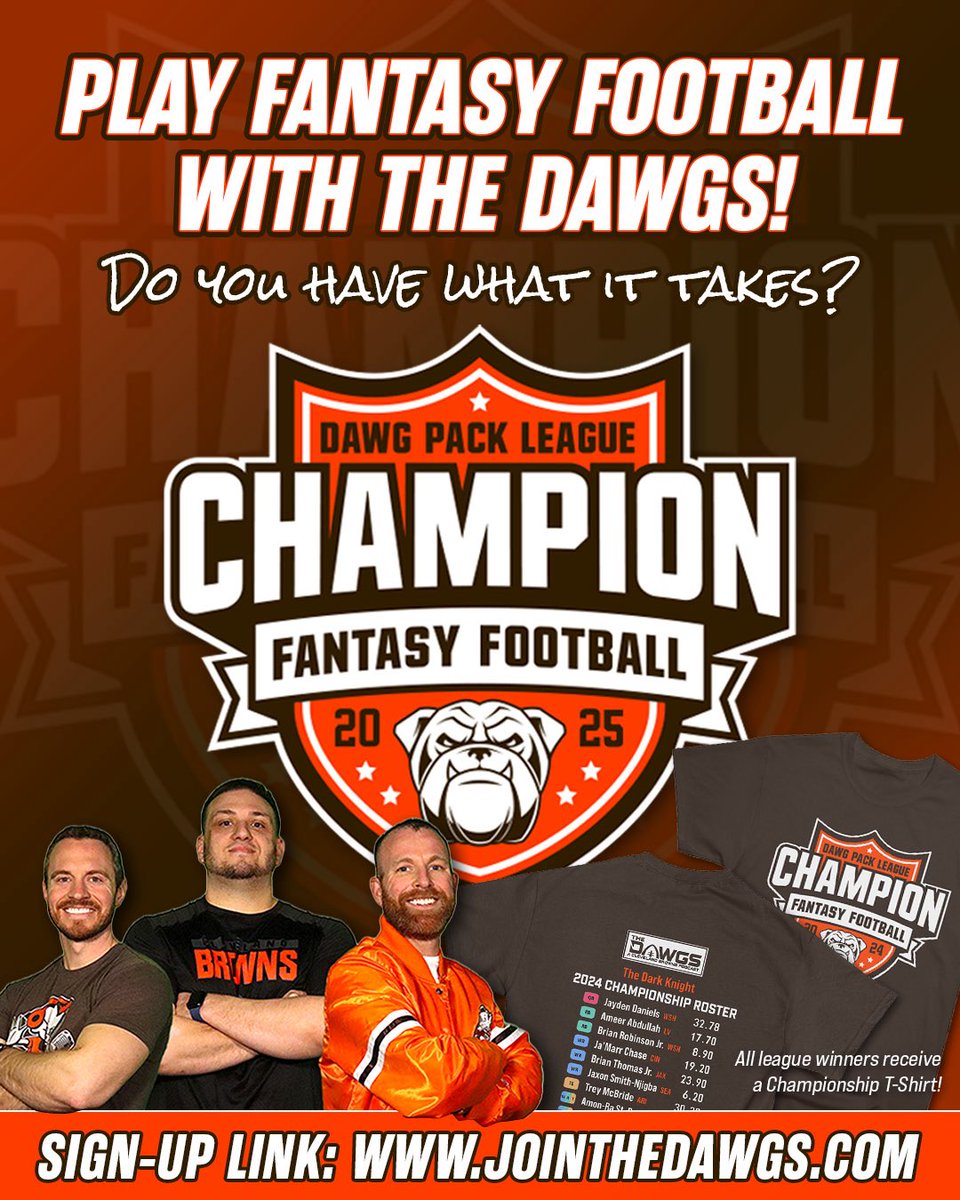 thedawgspodcast's tweet image. Play Fantasy Football with us!
📋 Register: jointhedawgs.com
📆 Deadline: Friday, August 22
🏆 League winners all receive a Championship T-Shirt with your winning lineup on the back to forever commemorate your victory
Don’t wait! Join now and reserve your spot in one of…