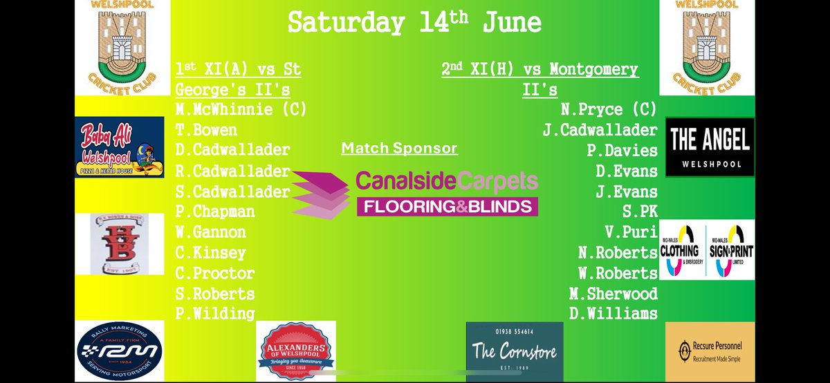 WelshpoolCC (@welshpoolcc) on Twitter photo Tomorrow’s team news. 1st XI travel to <a href="/StGeorgesCrick1/">St Georges Cricket Club</a> . 2nd XI host <a href="/cricket_monty/">Montgomery Cricket Club/ Clwb Criced Trefaldwyn</a> II’s. Home game is sponsored by Canalside Carpets, Flooring & Blinds Tomorrow’s team news. 1st XI travel to <a href="/StGeorgesCrick1/">St Georges Cricket Club</a> . 2nd XI host <a href="/cricket_monty/">Montgomery Cricket Club/ Clwb Criced Trefaldwyn</a> II’s. Home game is sponsored by Canalside Carpets, Flooring & Blinds