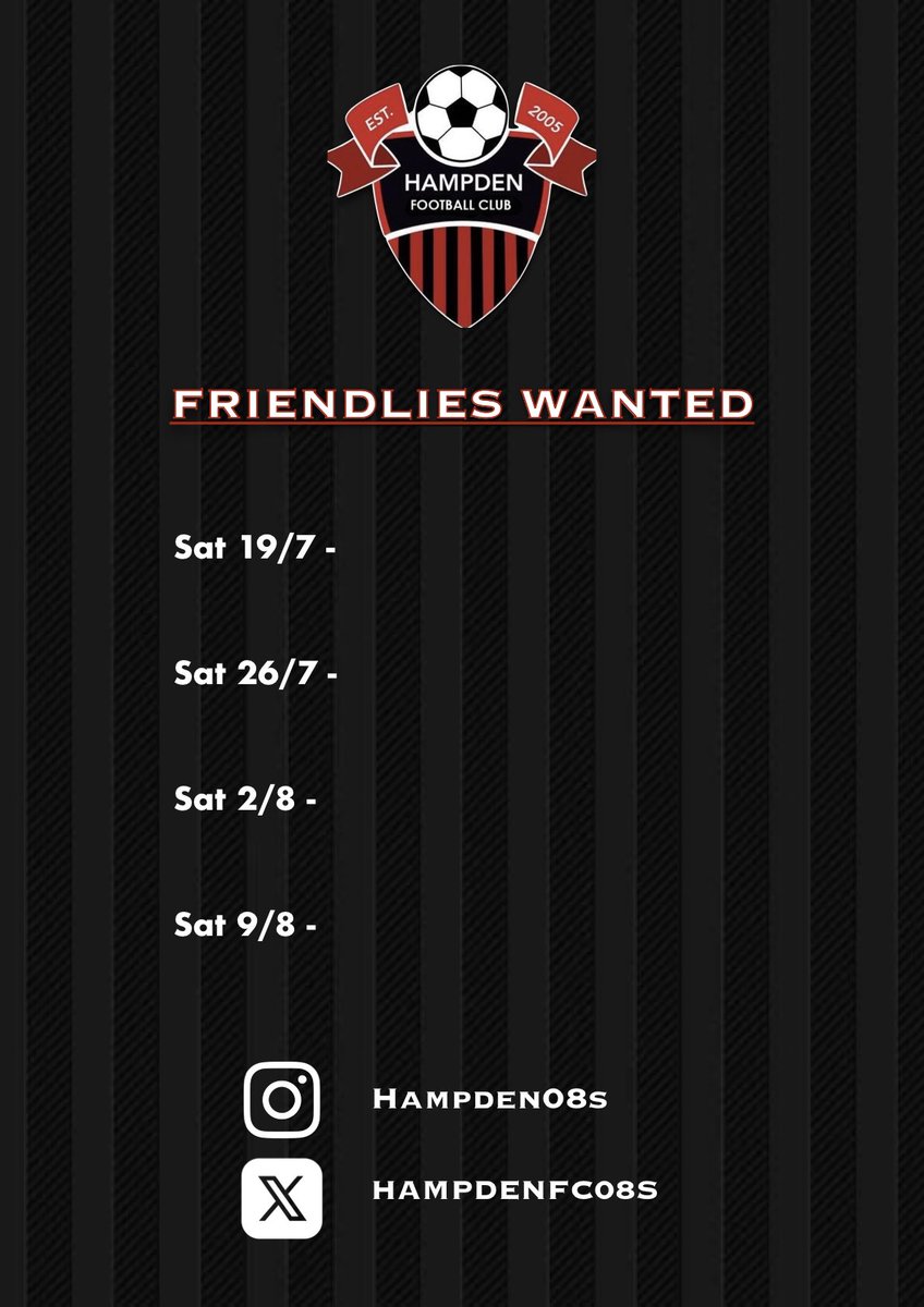 We’re looking for friendlies home or away on the below dates. Ideally teams outwith our league, Get in touch ⚽️