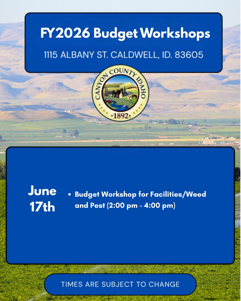 📅 Mark your calendars, 2C! Canyon County is hosting FY2026 Budget Workshops on June 17 at 1115 Albany St., Caldwell.

🕑 2–4 PM: Facilities &amp; Weed/Pest

Open to the public—come listen in as we shape the county’s future!

#CanyonCounty #BudgetWorkshop #YourVoiceCounts