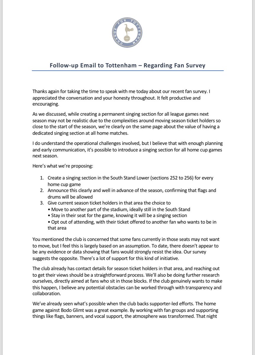 ChangeForSpurs's tweet image. We are pleased to say we had a productive dialogue with the club today regarding our recent fan survey.
If you’re a season ticket holder in South Stand Lower (Blocks 252 to 256) we want to hear from you. DM us or email on changefortottenham@gmail.com
The full email below:
