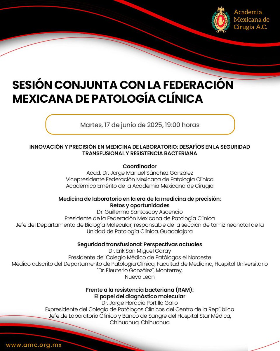 La #AMC te invita  a participar en nuestra próxima sesión en vivo
Martes, 17 de junio a la 19:00 hrs
Para seguir la transmisión:
amc.org.mx
X: <a href="/AcademiaCirugia/">AMC</a>
Apple: bit.ly/amc_apple
Android: bit.ly/amc_play_store