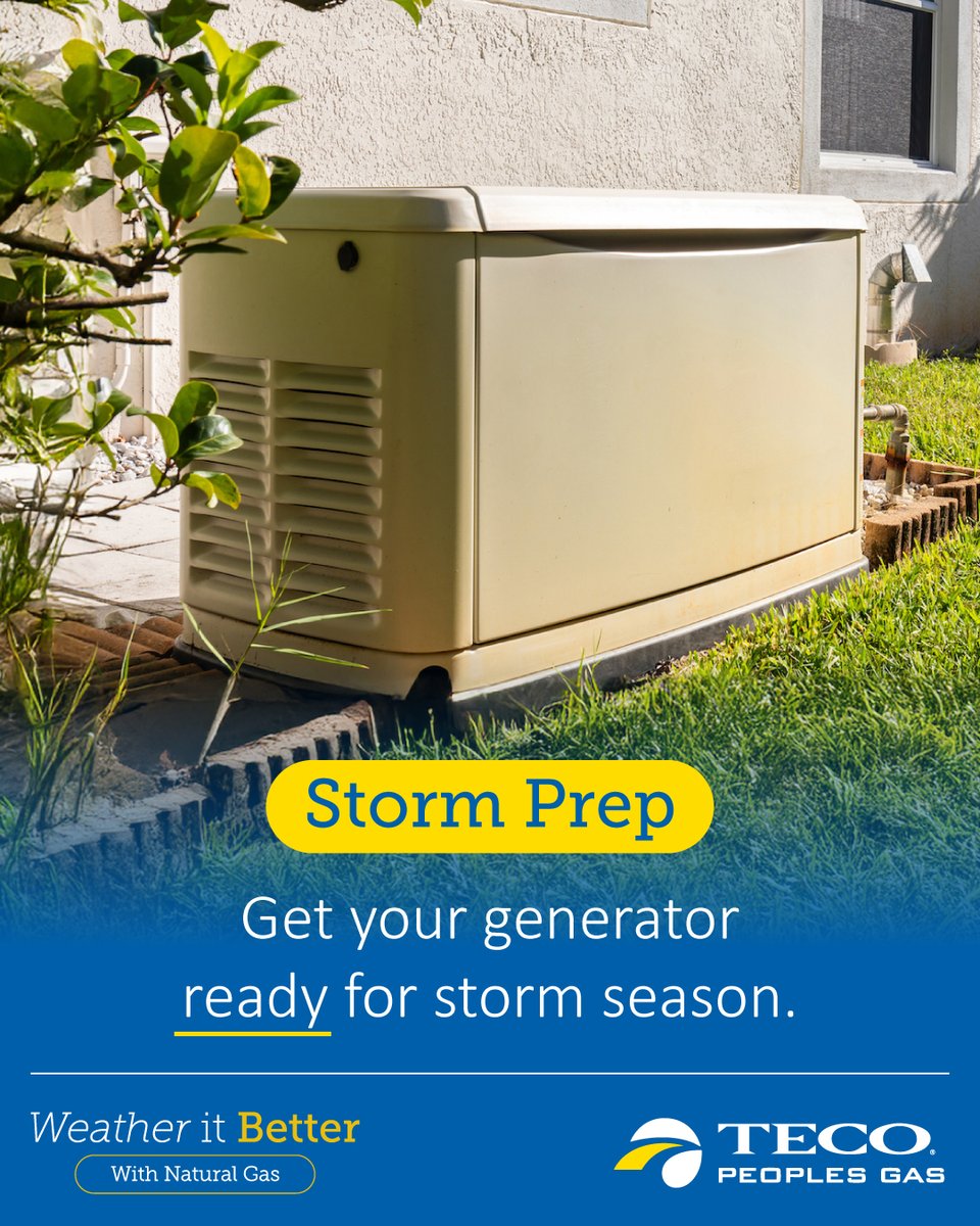 TECO Peoples Gas (@tecopeoplesgas) on Twitter photo Is your generator ready for storm season? Now is the time to make sure your generator will keep your home or business running safely during a power outage. 
Whether you have a permanently installed natural gas generator or a portable gas or diesel backup unit, maintaining your Is your generator ready for storm season? Now is the time to make sure your generator will keep your home or business running safely during a power outage. 
Whether you have a permanently installed natural gas generator or a portable gas or diesel backup unit, maintaining your