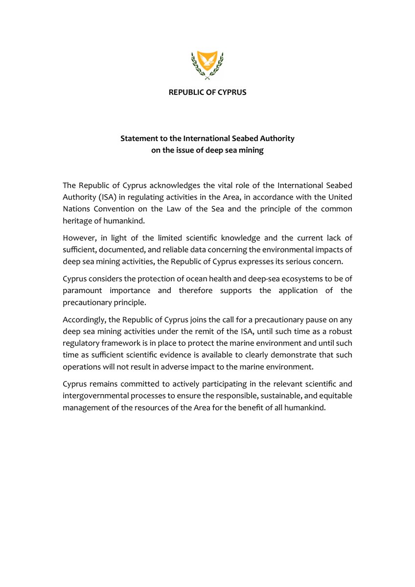 CyprusinUN's tweet image. 🌊🇨🇾 joins the call for a precautionary pause on #deepseamining, under the remit of the #ISBAHQ.
#Cyprus remains committed to ensure the responsible, sustainable, and equitable management of the resources of the Area for the benefit of all humankind
#internationalseabedauthority